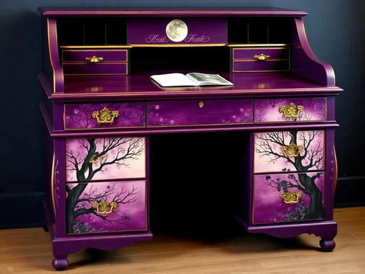 Custom Order Option: Antique Roll-Top Writer's Desk Goth Purple Witchy Moon Cat Art, Vintage Home Office Decor, Dark Academia Mystic Trees