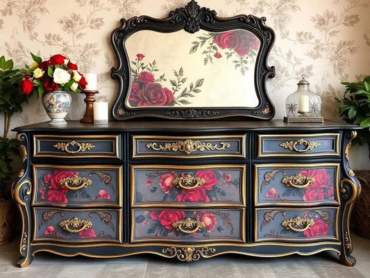 Custom Order Option: Upcycled Antique Retro Dark Gothic Rose-Themed Vintage Bedroom Furniture Set- Wide Dresser Drawers Home Decor
