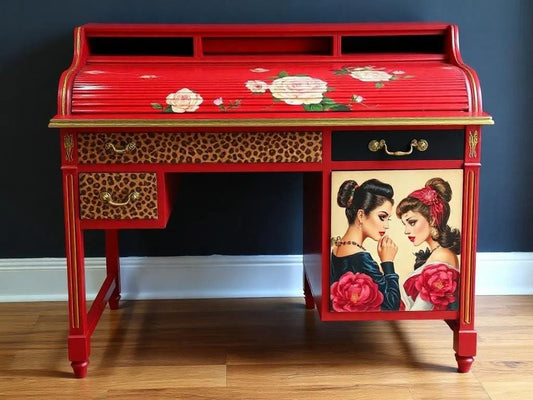 Custom Order Option: Upcycled Antique Rolltop Writer's Desk Retro Pin-Up Girls Art Home Study Office Pink & Red Decor Vintage Receptionist