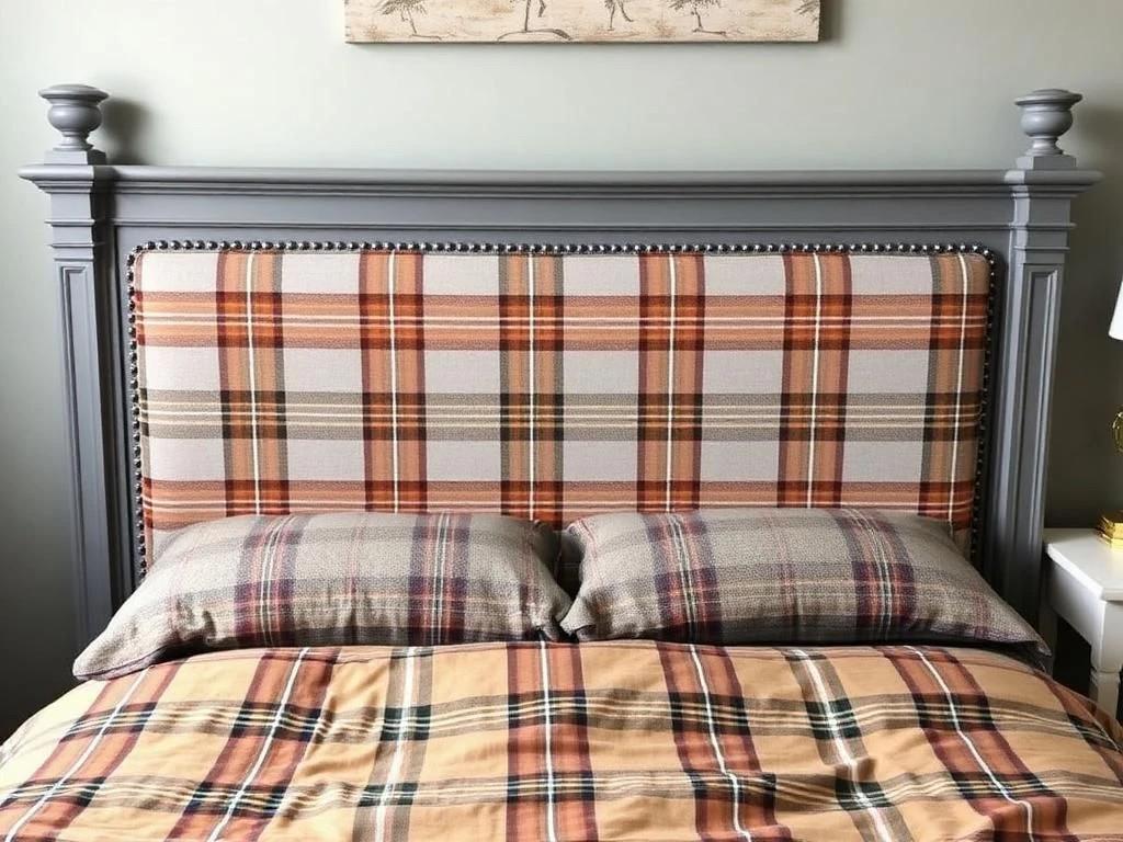 Bed with plaid headboard and bedding against a gray wall. Upcycled Antique Sassenach Plaid Bedframe \| La Vie Nouveau Décor Shoppe