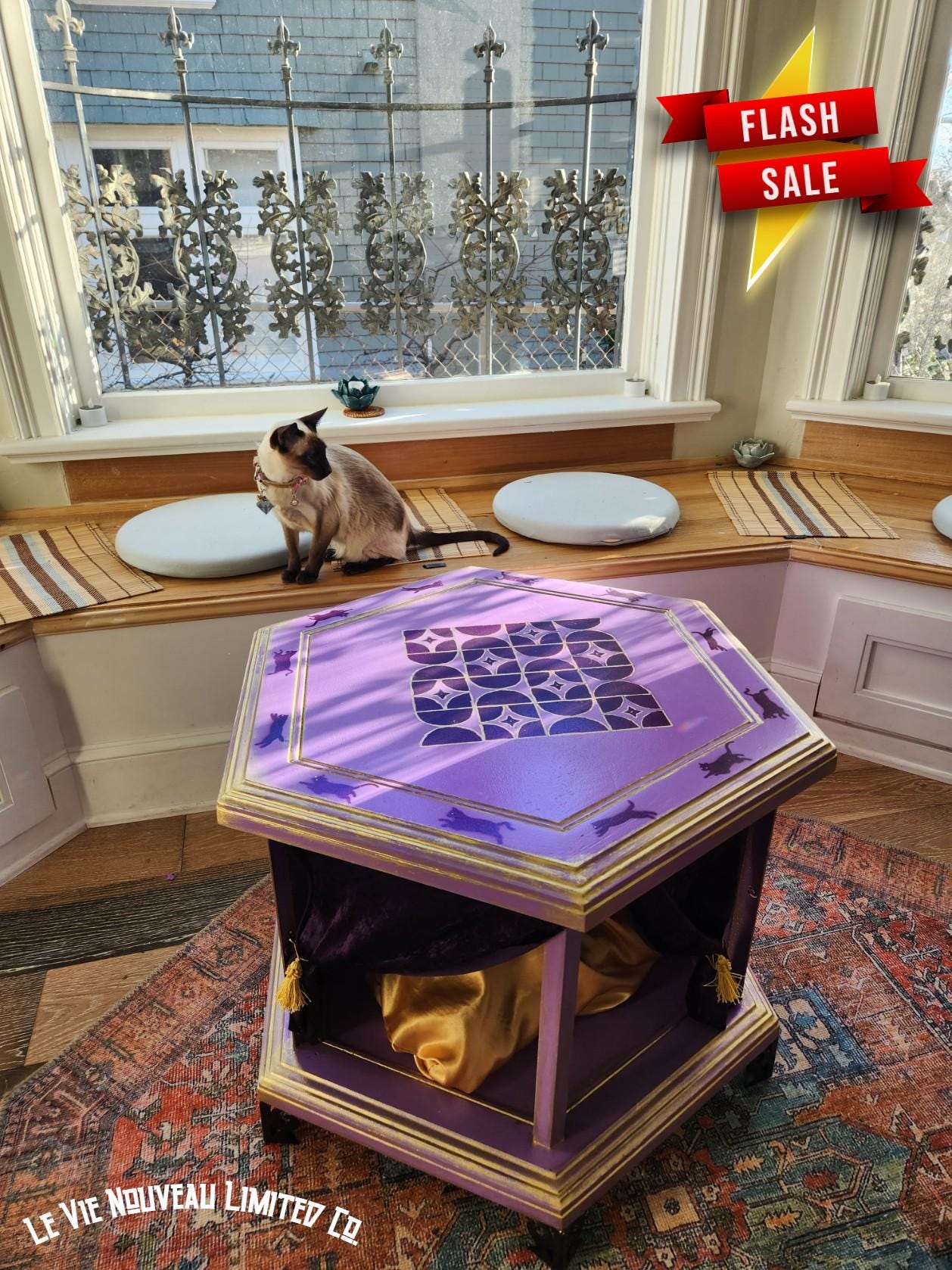 Custom Order Option: Witchy Cat Bed, Cat House, Cat Gifts, Pet Crate, Pet Kennel, End Table, Vintage 70's Hexagon Shape, Cat Lover Gift