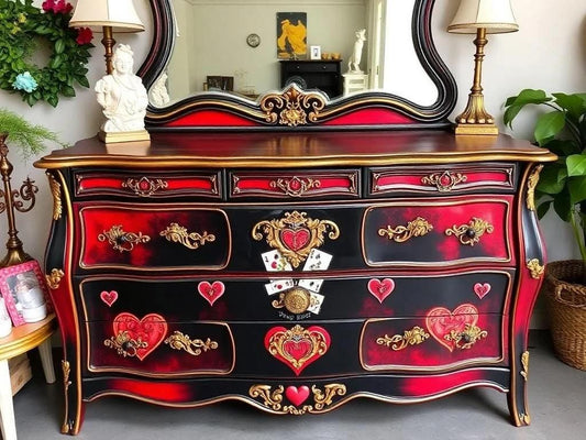 Custom Order Option: Upcycled Antique Retro Hearts Playing Cards-Themed Vintage Bedroom Furniture Set- Wide Dresser Drawers Home Decor
