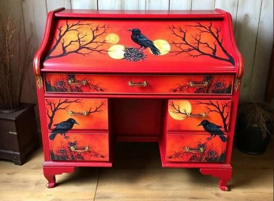 Custom Order Option: Upcycled Antique Rolltop Writer's Desk Gothic Red Roses & Crows Art Retro Home Study Office Decor Vintage Receptionist
