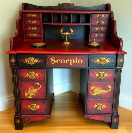 Custom Order Option: Antique RollTop Writers Desk Astrology Zodiac Sign Scorpio Color Art Retro Receptionist Vintage Home Study Office Decor