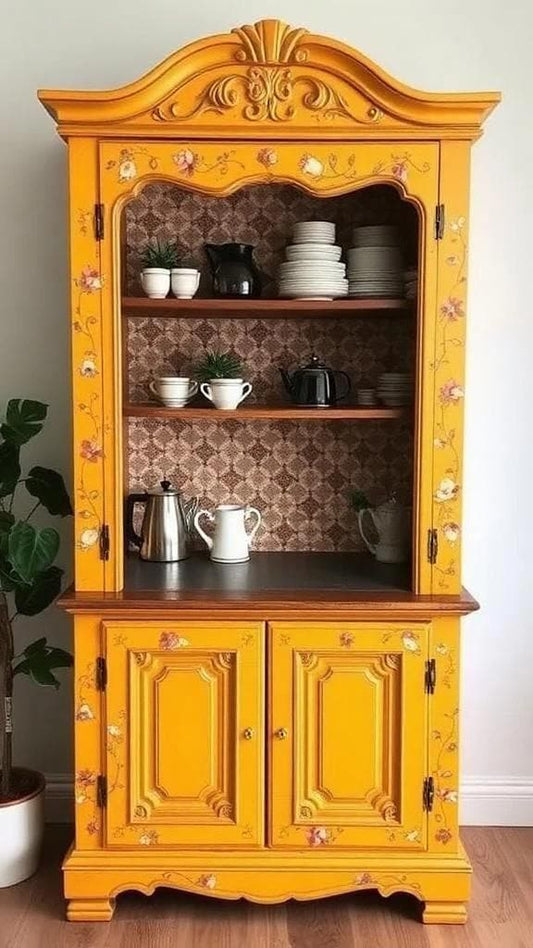 Custom Order Option: Antique Upcycled Armoire Coffee Hutch Tea Nook Beverage Bar Java Station Storage Dining Room Cabinet - Yellow