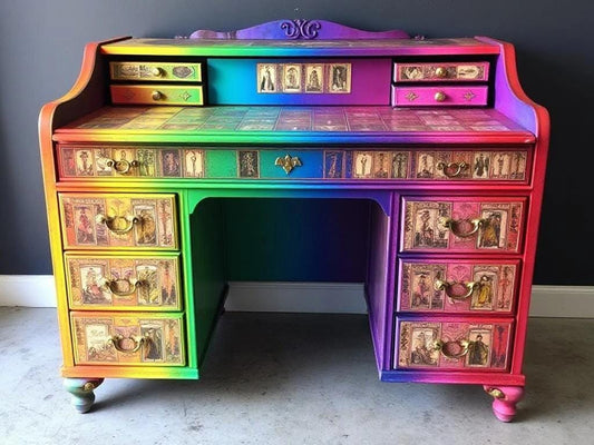 Custom Order Option: Antique Roll-Top Writer's Desk LGBTQ+ Pride Tarot Card Rainbow Retro Receptionist Art Vintage Home Study Office Decor