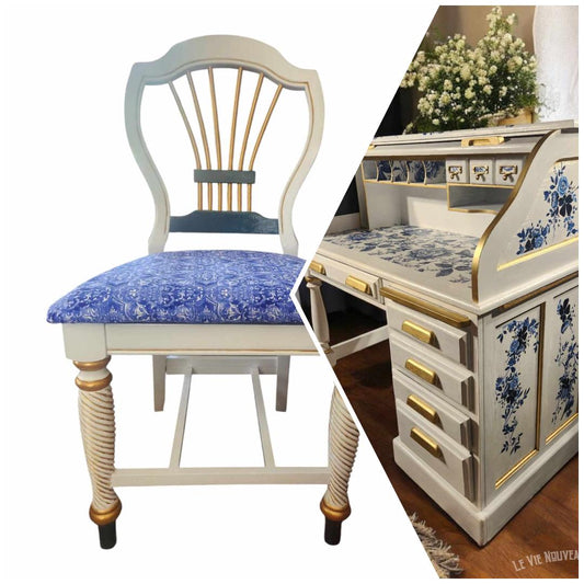 Antique Bluebird Gold Roll-Top Writer's Desk w/Chair Home Office Decor French Country Shabby Chic Vintage Receptionist Romantic Farmhouse