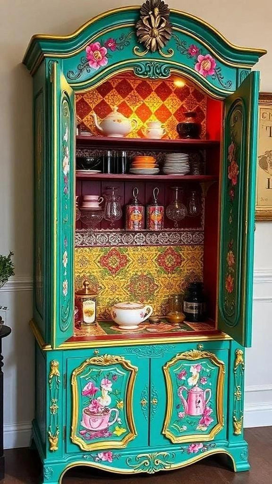 Custom Order Option: Antique Upcycled Armoire Coffee Hutch Tea Nook Beverage Bar Java Station Storage Dining Room Cabinet - Peacock Green