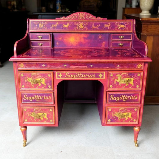 Custom Order Option: Antique Roll-Top Writer's Desk Astrology Zodiac Sign Sagittarius Colors Art Retro Vintage Home Study Office Decor