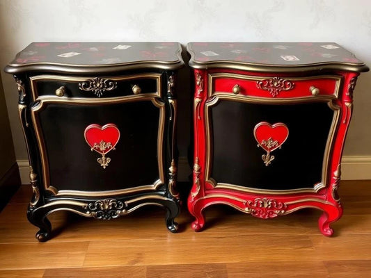 Custom Order Option: Upcycled Antique Retro Hearts Playing Cards-Themed Vintage Bedroom Furniture Set- Pair of 2 Nightstands Home Decor