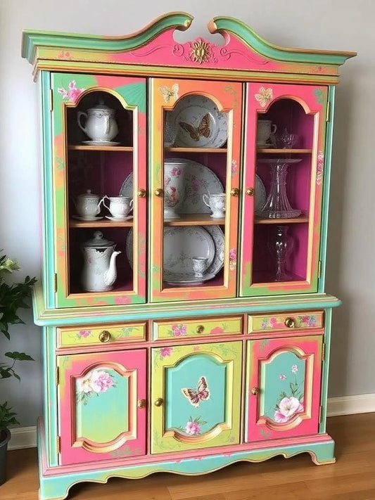 Custom Order Option: Upcycled Antique Neon Butterflies-Theme Vintage Furniture Set- Buffet China Hutch Dining Room Bright Colors & Lace Art