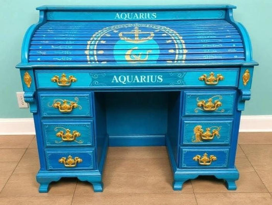 Custom Order Option: Antique Rolltop Writer's Desk Astrology Zodiac Sign Aquarius Colors Retro Receptionist Vintage Home Study Office Decor
