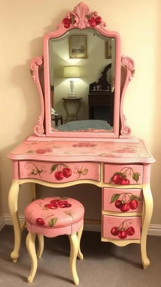 Custom Order Option: Upcycled Antique Retro Cherry Vanity w/Mirror Art Make-Up Vintage Home Salon Decor Dressing Table Boudoir Furniture