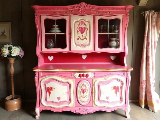 Custom Order Option: Upcycled Antique Pink Hearts-Theme Vintage Furniture Set- Buffet China Hutch Dining Room Retro Home Decor