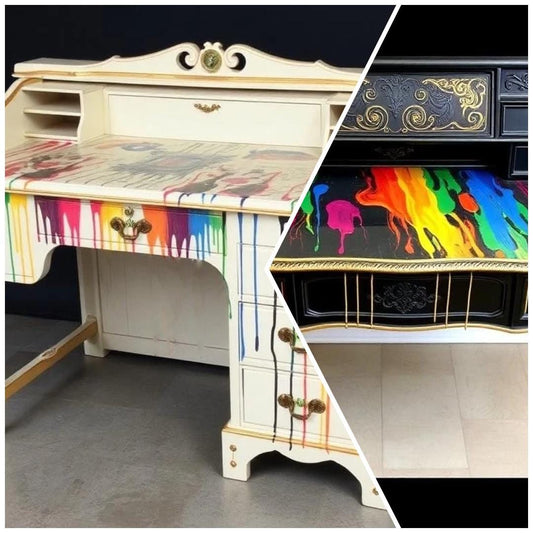 Custom Order Option: Upcycled Antique Rolltop Writer's Desk Retro Artist Paint Drips Colorful Home Study Office Decor Vintage Receptionist