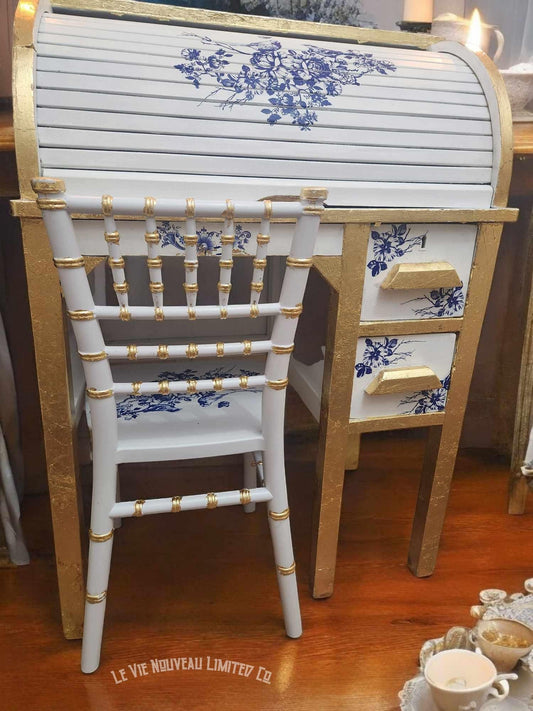 Custom Order Option: Antique 1940s Children's Teacup Blue & White Roll-Top Desk w/ Chair Homeschool Cottage Décor Girls Room Kid's Bookstore