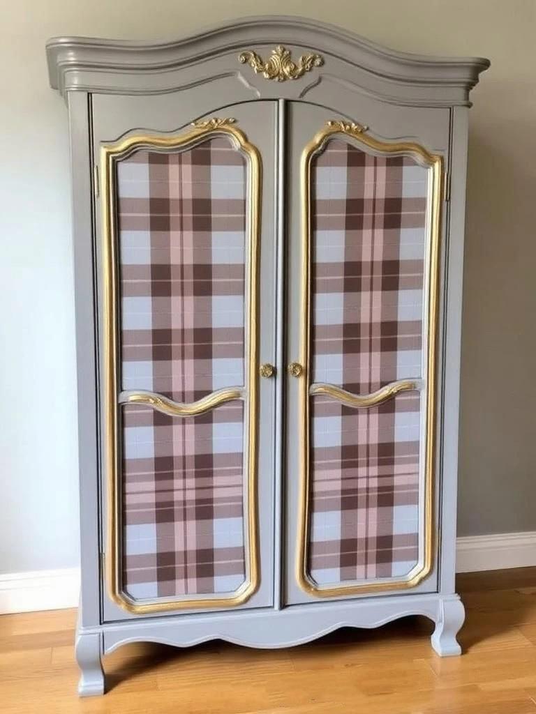 Vintage-style wardrobe with plaid doors and gold accents on a wooden floor. Upcycled Antique Sassenach Plaid Wardrobe Armoire \| La Vie Nouveau Décor Shoppe