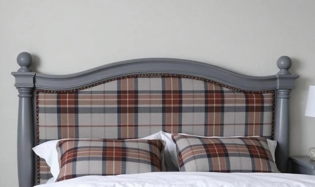 Plaid headboard with matching pillows on a bed against a neutral wall. Upcycled Antique Sassenach Plaid Bedframe \| La Vie Nouveau Décor Shoppe
