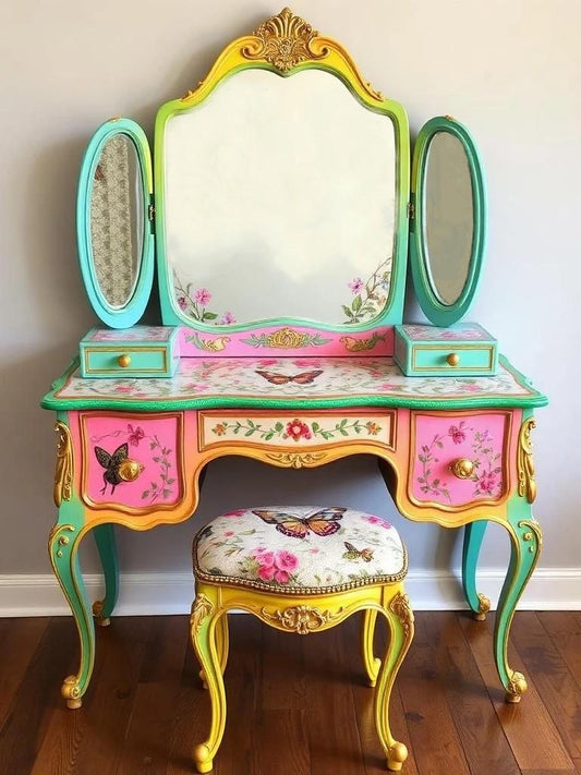 Custom Order Option: Upcycled Antique Retro Neon Butterflies Vanity w/Mirror Make-Up Vintage Home Salon Décor Dressing Table Boudoir