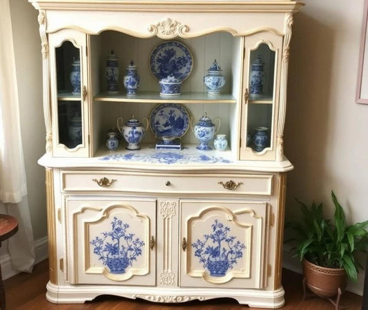 Custom Order Option: Upcycled Antique Blue & White China, Chinoiserie-Theme Vintage Furniture Set- Buffet China Hutch Dining Room Home Decor