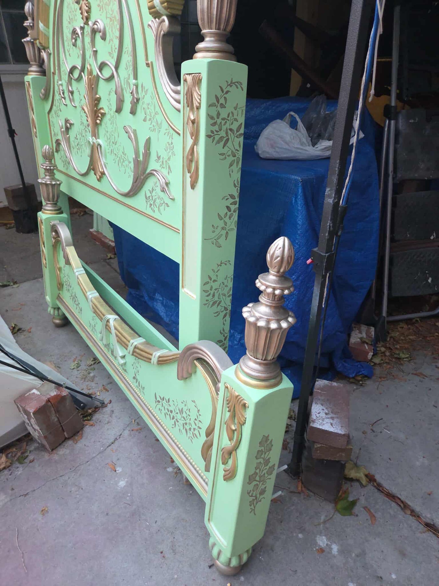 Custom Order Option: Alternative Version Antique French Style Mint Leaves-Themed Art Upcycled Vintage Bedroom Furniture- Bedframe Set