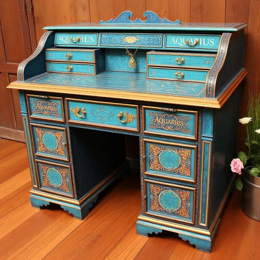 Custom Order Option: Antique Rolltop Writer's Desk Astrology Zodiac Sign Aquarius Colors Retro Receptionist Vintage Home Study Office Decor