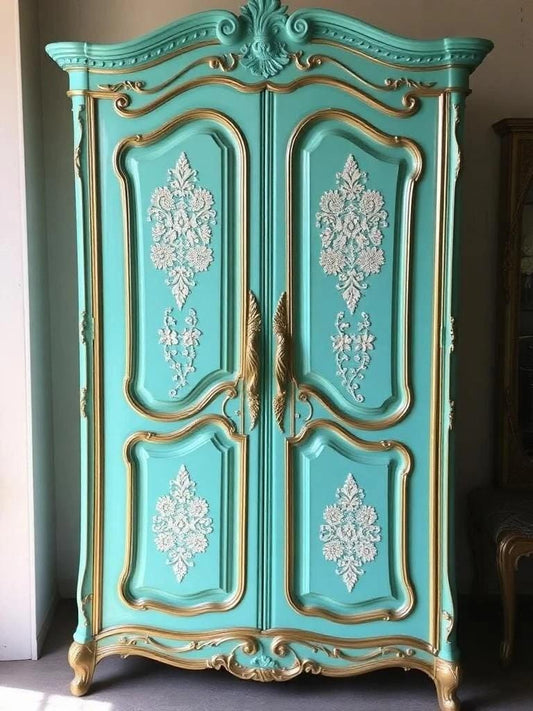 Custom Order Option: Upcycled Antique Cream Lace & Turquoise-Themed Vintage Bedroom Furniture Set- Wardrobe Armoire Retro Home Decor