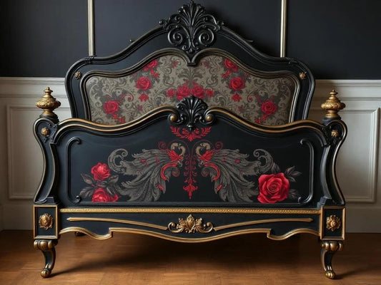 Custom Order Option: Upcycled Antique Retro Dark Gothic Rose-Themed Vintage Bedroom Furniture Set- Bedframe Headboard Set Home Decor