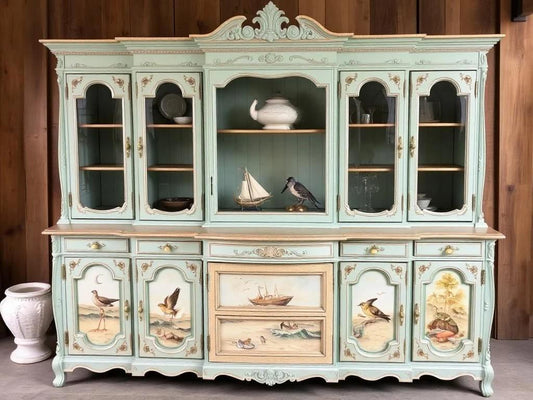 Custom Order Option: Upcycled Antique Beach Lighthouse-Theme Vintage Furniture Set- Buffet China Hutch Dining Room Seaside Bird Sailboat Art