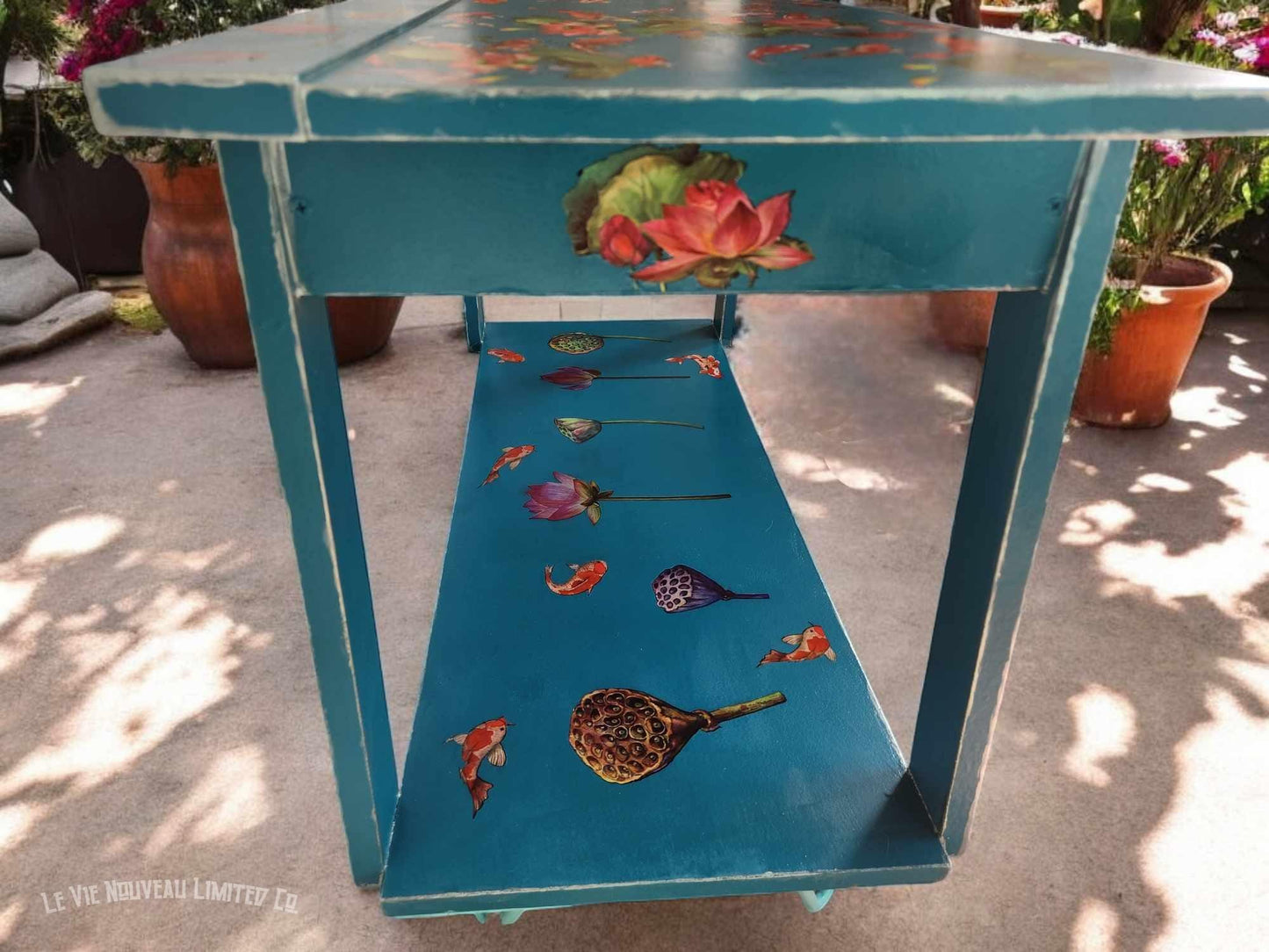 Custom Order Option: Floating Lotus & Koi Coffee Table Book Shelf, Vibrant Blue-Green Color, Metallic-Aqua Edge Upcycled Furniture Art