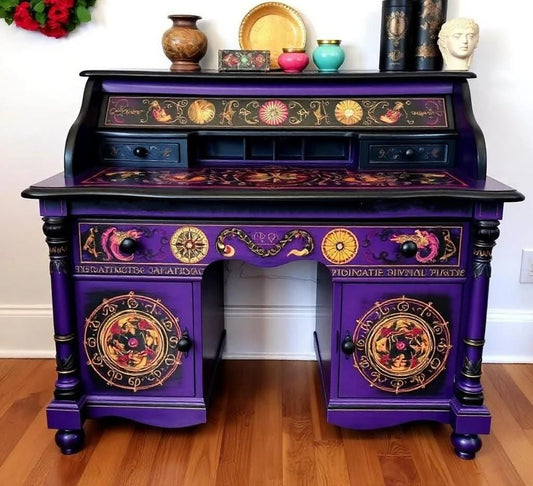 Custom Order Option: Antique Rolltop Writer's Desk Purple Theme Astrology Reader Retro Receptionist Art Vintage Home Study Office Decor