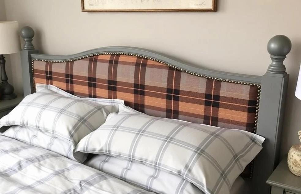 Bedroom with plaid headboard and checkered pillows. Upcycled Antique Sassenach Plaid Bedframe \| La Vie Nouveau Décor Shoppe