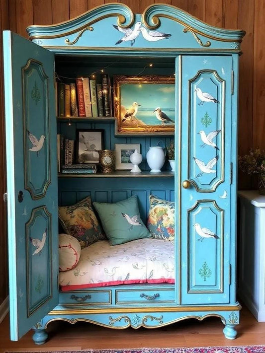 Custom Order Option: Antique Upcycled Armoire Reading Nook Adults & Kids Book Storage Study Area Blue Birds Fairy Lights Cushion Bench