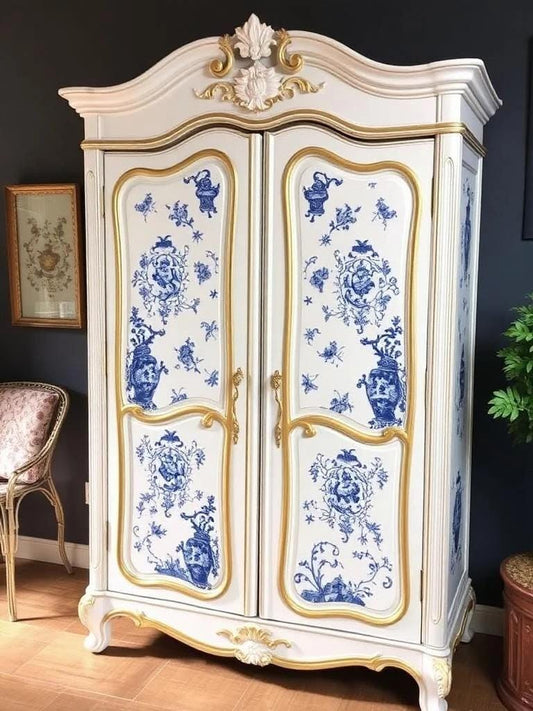 Custom Order Option: Upcycled Antique Blue & White China, Chinoiserie-Themed Vintage Bedroom Furniture Set- Wardrobe Armoire Retro Style