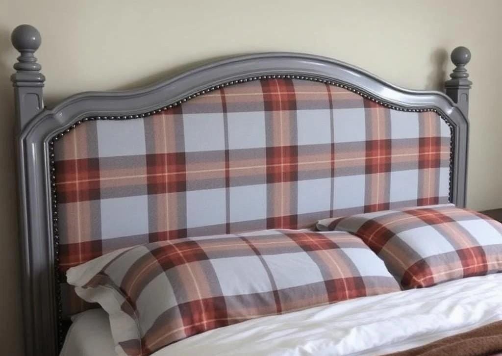 Plaid headboard with pillows on a bed against a plain wall. Upcycled Antique Sassenach Plaid Bedframe \| La Vie Nouveau Décor Shoppe