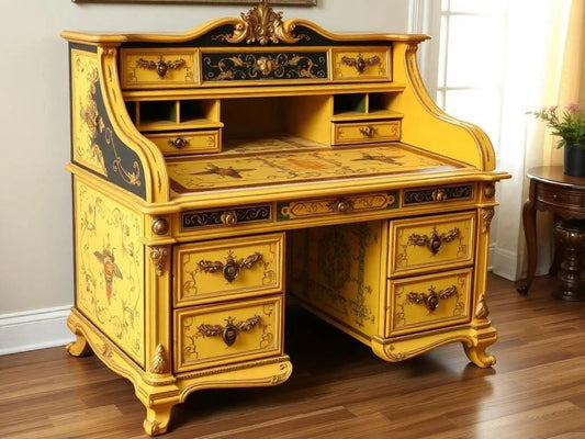 Custom Order Option: Antique Rolltop Writer's Desk Vintage Beehive Honeybee Honeycomb Art Retro Receptionist Home Study Office Decor