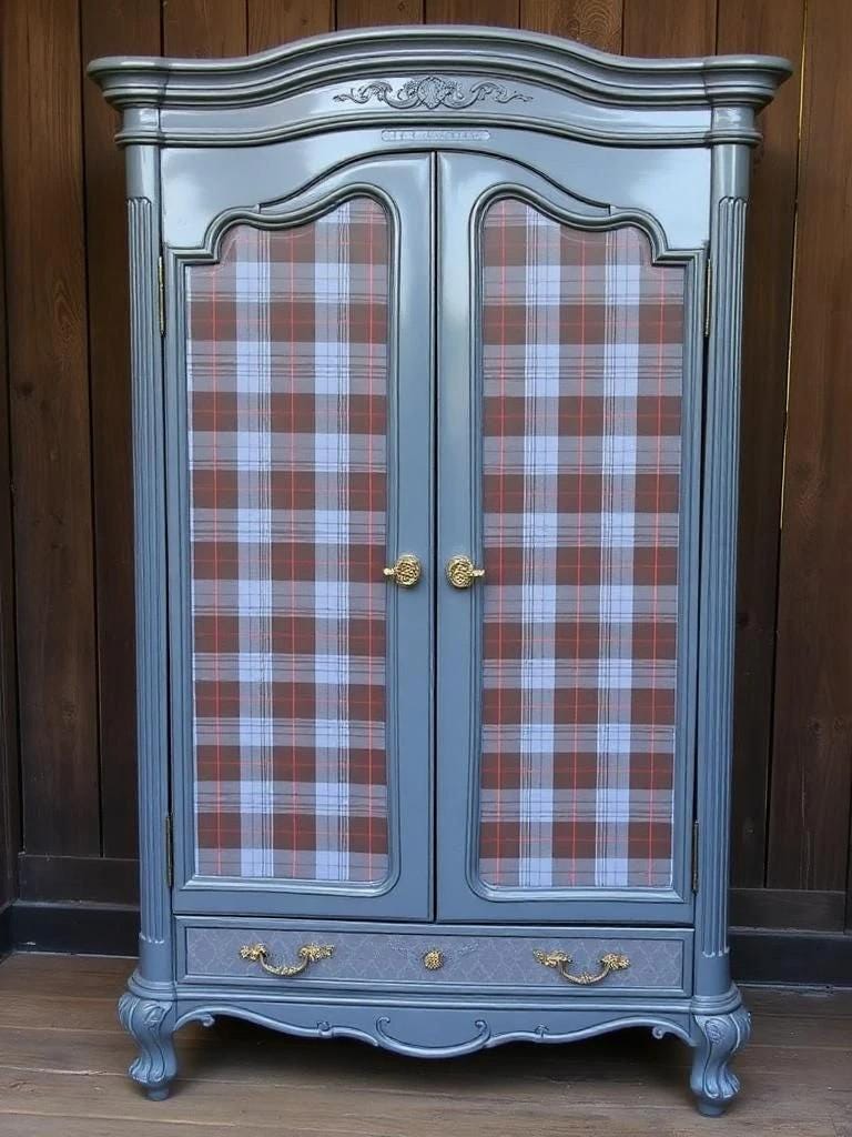 Blue armoire with plaid patterned glass doors against a wooden wall. Upcycled Antique Sassenach Plaid Wardrobe Armoire \| La Vie Nouveau Décor Shoppe