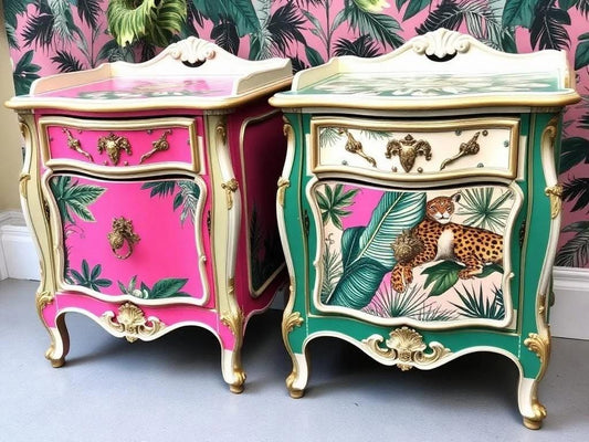 Custom Order Option: Upcycled Antique Retro Pink Tropical Leopard-Themed Vintage Bedroom Furniture Set- Pair of 2 Nightstands Home Decor