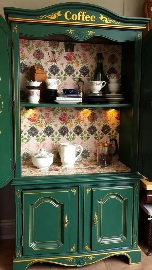 Custom Order Option: Antique Upcycled Armoire Coffee Hutch Tea Nook Beverage Bar Java Station Storage Dining Room Cabinet - Green