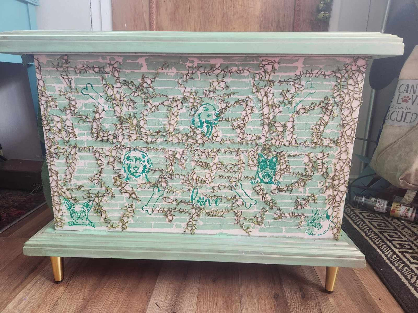 custom order option: Delightful Dog House Den, End-Side Table, Green Vines & Curtains, Pup Graffiti Art, S-M Sized Dogs, Unique Hand-Painted