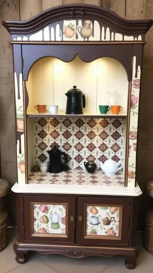 Custom Order Option: Antique Upcycled Armoire Coffee Hutch Tea Nook Beverage Bar Java Station Storage Dining Room Cabinet - Chocolate Drips