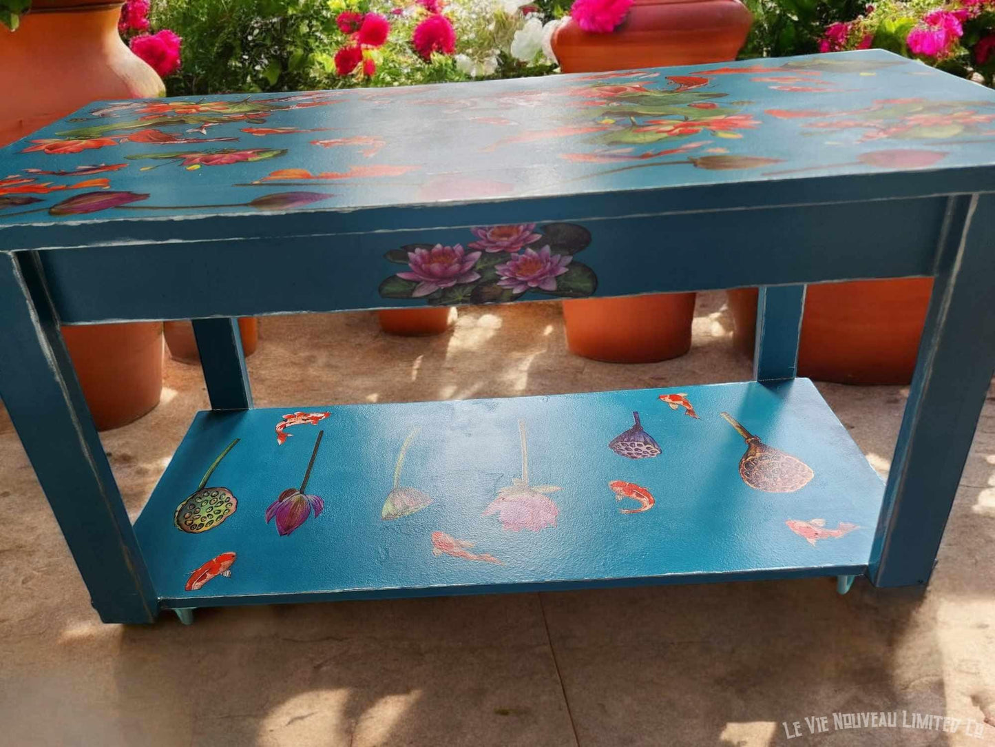 Custom Order Option: Floating Lotus & Koi Coffee Table Book Shelf, Vibrant Blue-Green Color, Metallic-Aqua Edge Upcycled Furniture Art