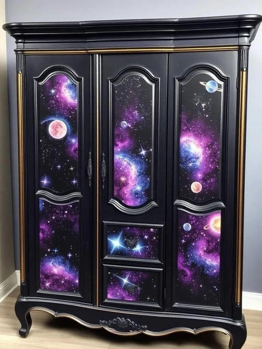 Custom Order Option: Upcycled Antique Galaxy-Themed Vintage Bedroom Furniture Set- Wardrobe Armoire Retro Home Decor