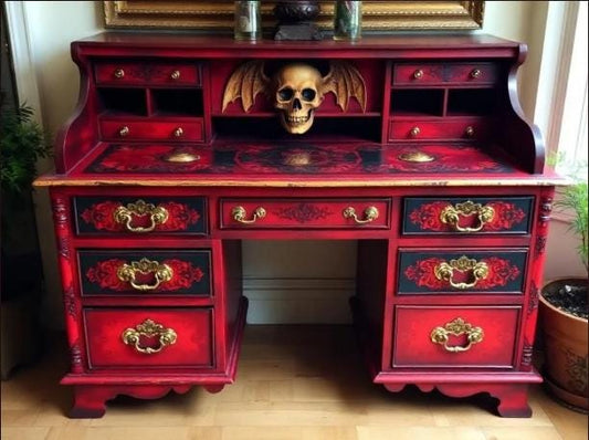 Custom Order Option: Upcycled Antique Rolltop Writer's Desk Gothic Red & Black Art Retro Home Study Office Decor Vintage Receptionist
