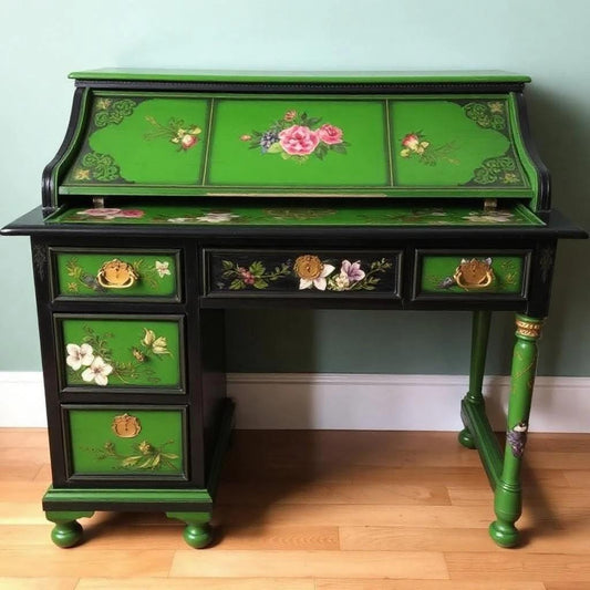 Custom Order Option: Antique Rolltop Writer's Desk Green Apothecary Plants, Retro Florist Receptionist Art Vintage Home Study Office Decor