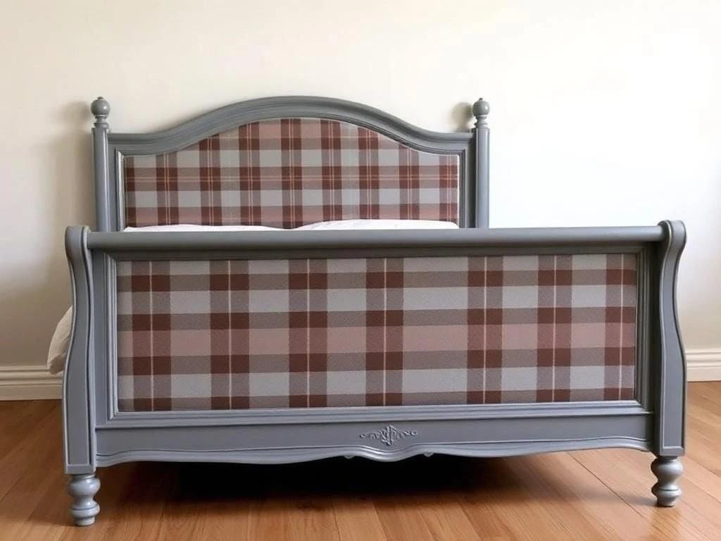 Bed with plaid fabric and gray wooden frame on a wooden floor. Upcycled Antique Sassenach Plaid Bedframe \| La Vie Nouveau Décor Shoppe