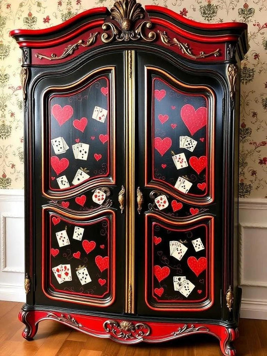 Custom Order Option: Upcycled Antique Retro Hearts Playing Cards-Themed Vintage Bedroom Furniture Set- Wardrobe Armoire Home Decor