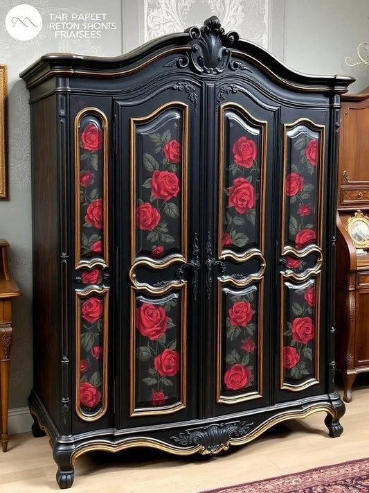 Decorative cabinet with red rose patterns on black background. Upcycled Antique Dark Gothic Rose Wardrobe Armoire \| La Vie Nouveau Décor Shoppe