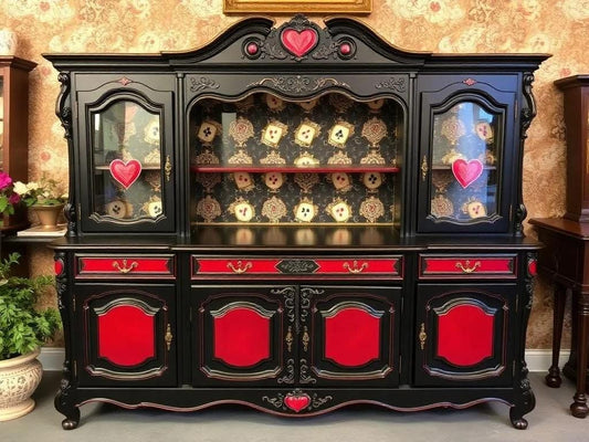 Custom Order Option: Upcycled Antique Retro Hearts Playing Cards-Theme Vintage Furniture Set- Buffet China Hutch Dining Room Home Decor