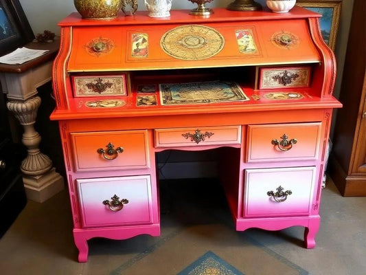 Custom Order Option: Antique Roll-Top Writer's Desk LGBTQ2+ Pride Lesbian Flag Colors Retro Receptionist Art Vintage Home Study Office Decor